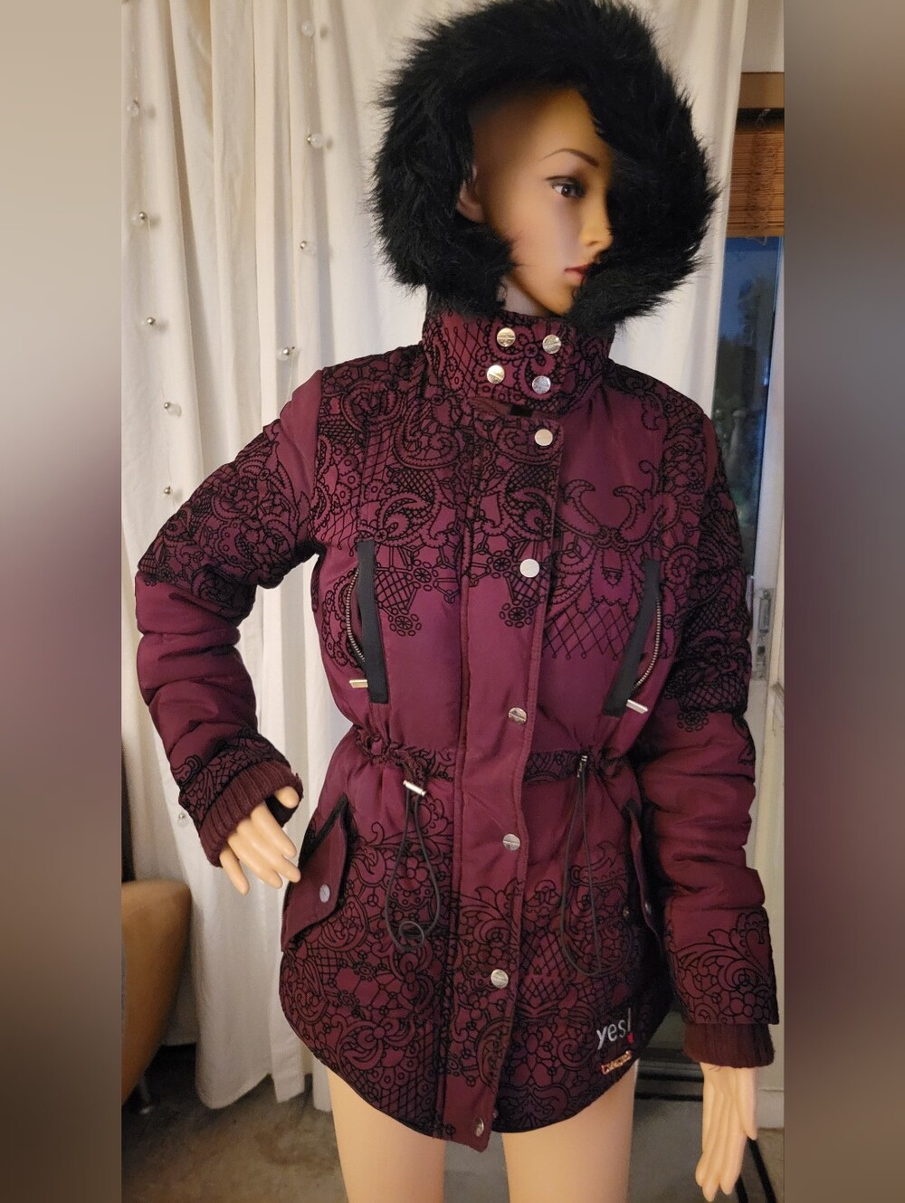 Desigual Jacket Size EU Women's Patterned Parka Coat with Faux Fur Hood